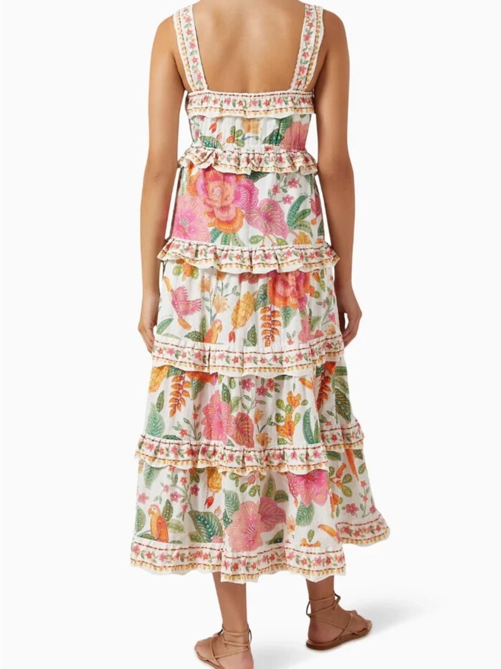 FARM RIO Macaw Bloom Floral Print Cotton Midi Ruffled Dress. - Picture 2 of 11